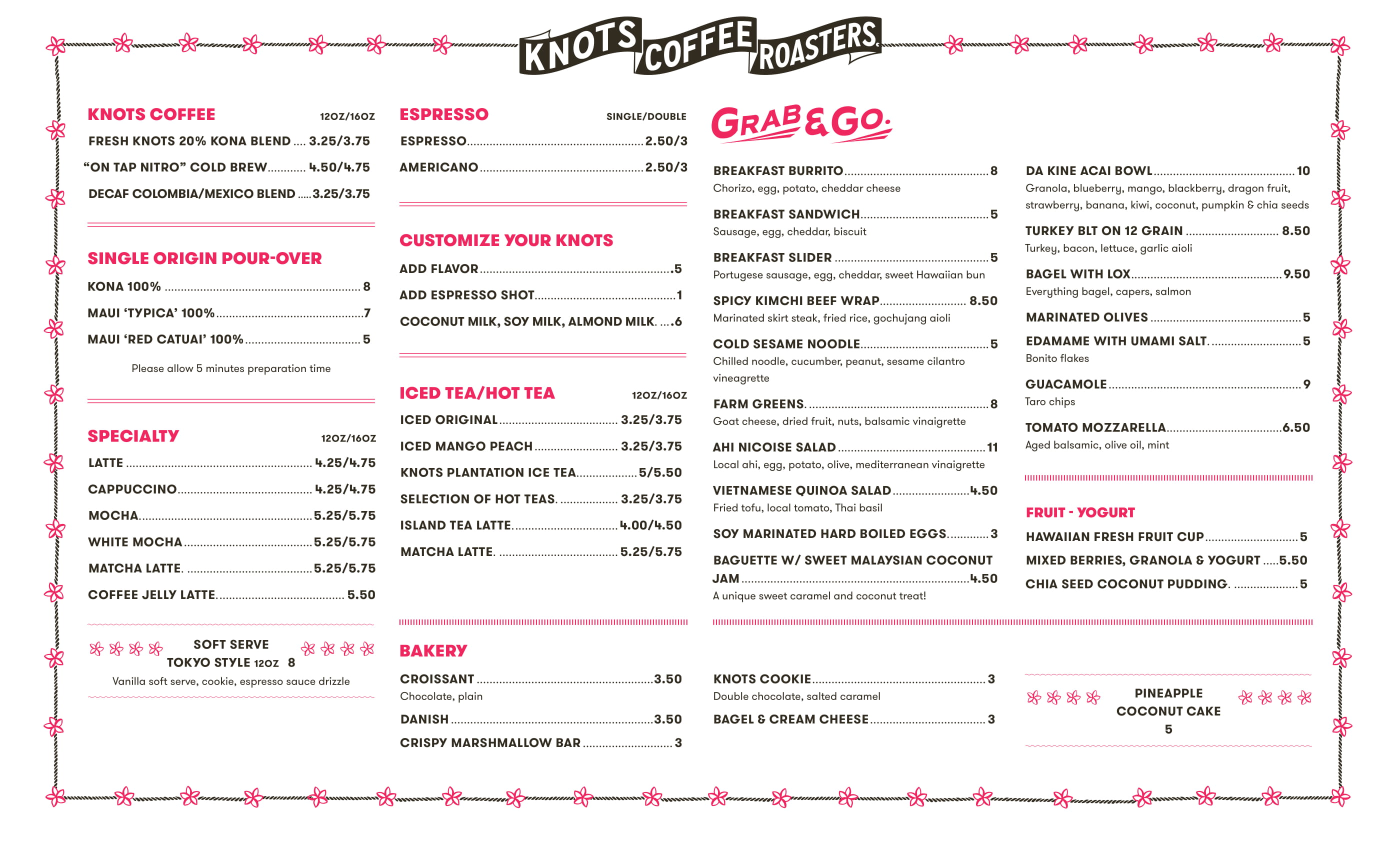 Knots Coffee Roasters food menu