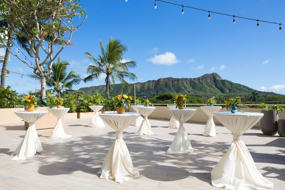 Wedding patio with standing tables