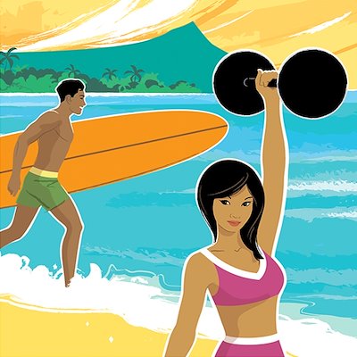 Queen Kapiolani artwork of couple on beach exercising