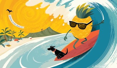 Katie Borden artwork of pineapple surfing