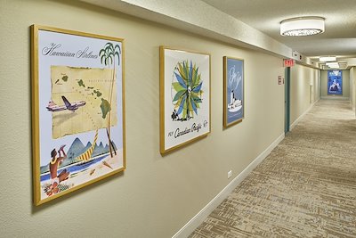 Hallway artwork of Hawaiian memorabilia