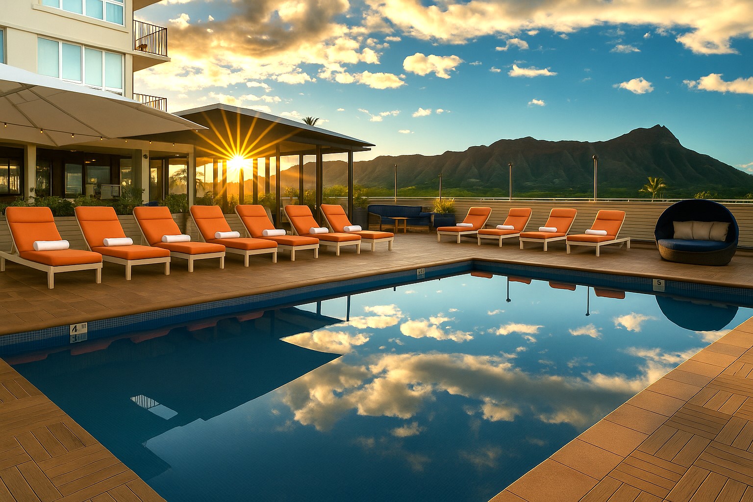 a pool with chairs and a building with mountains in the background
